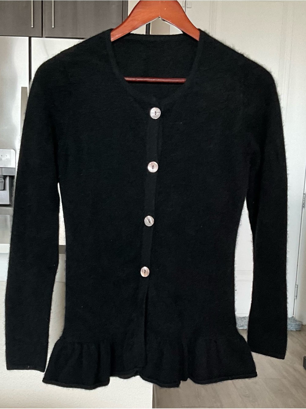 Women’s Black CASHMERE Ruffle-Hem Button Cardigan Sweater Small Round Neckline